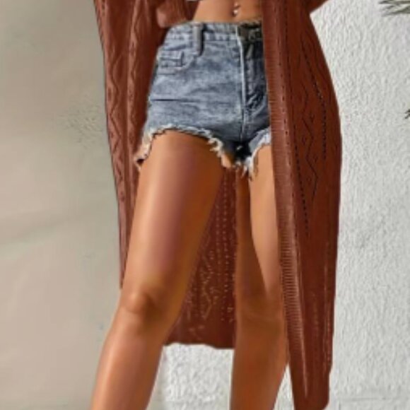 V-Neck Crochet Cardigan – Geometric Pattern, Size Medium Rust Color - Picture 3 of 3